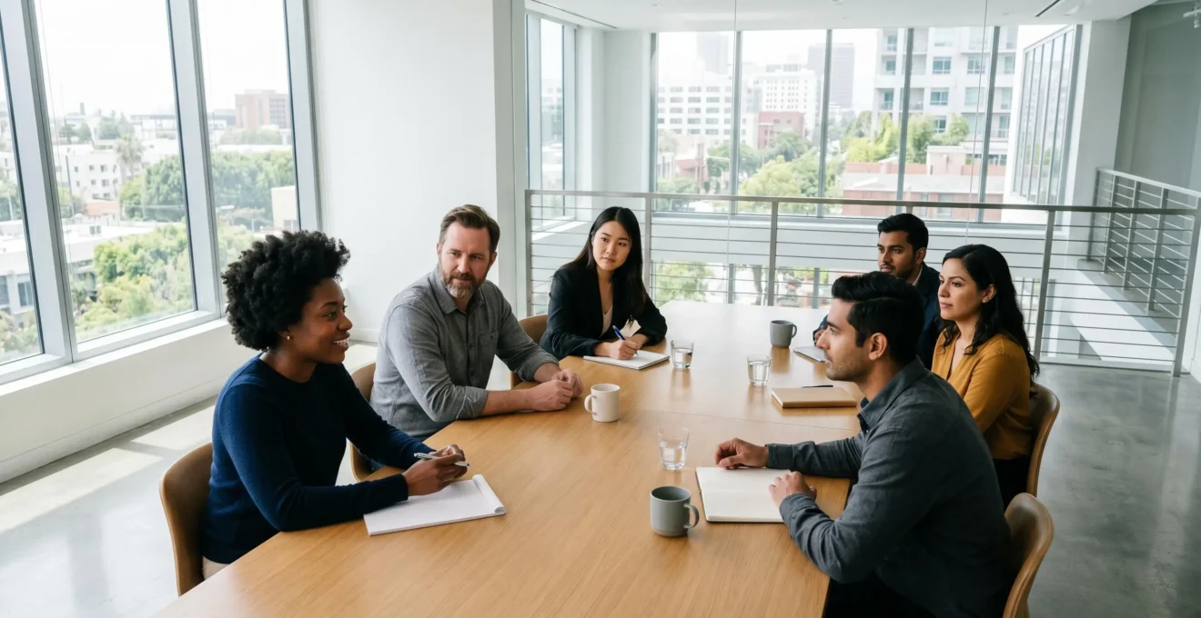 Équipe collaborative en session de brainstorming autour d'une table de travail dans un environnement professionnel lumineux