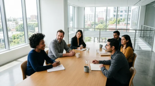 Équipe collaborative en session de brainstorming autour d'une table de travail dans un environnement professionnel lumineux