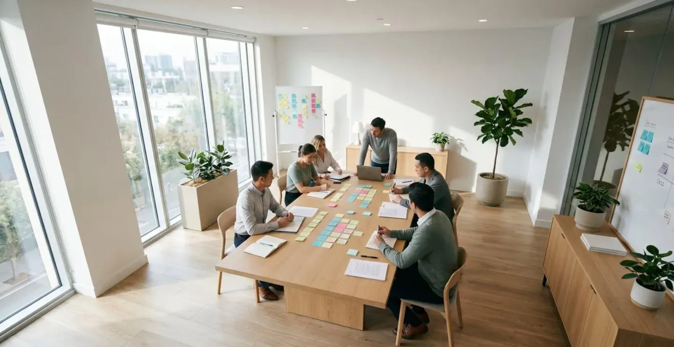 Vue aérienne d'un atelier de cadrage stratégique avec équipes collaborant autour d'une table