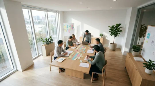 Vue aérienne d'un atelier de cadrage stratégique avec équipes collaborant autour d'une table