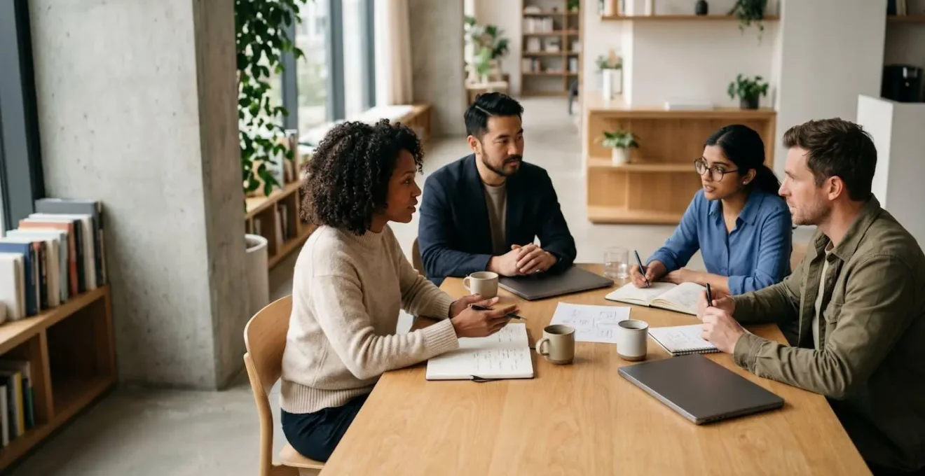 Groupe d'entrepreneurs diversifiés discutant autour d'une table en bois avec documents et café