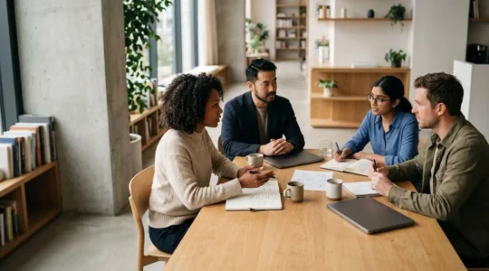 Groupe d'entrepreneurs diversifiés discutant autour d'une table en bois avec documents et café