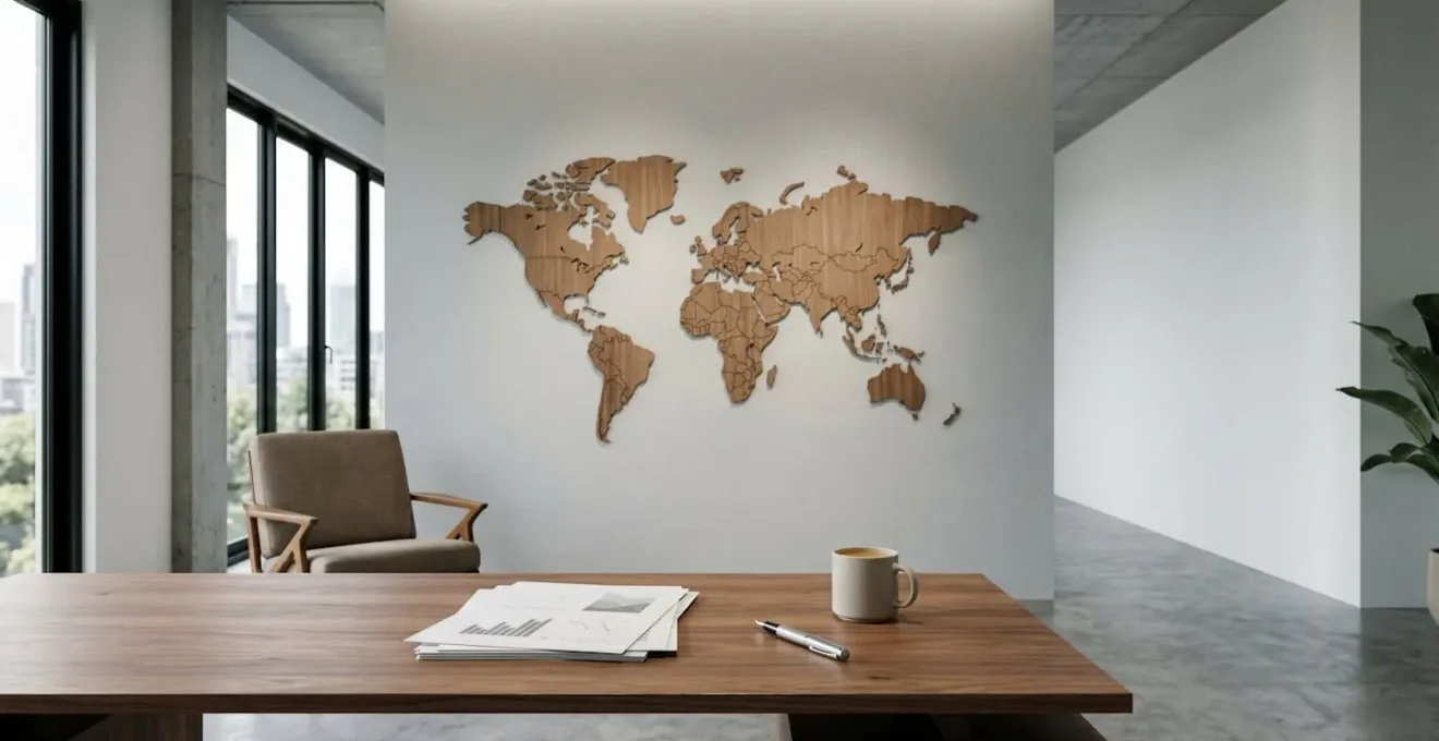 Scène d'analyse de marché international avec documents stratégiques et carte du monde