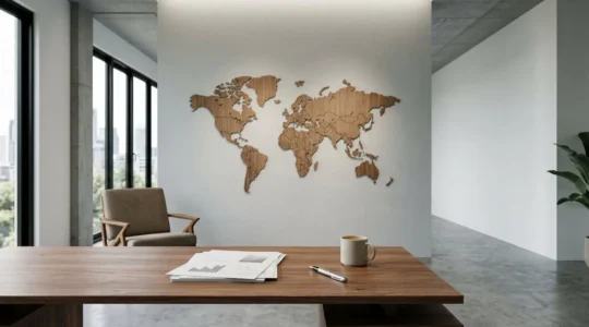 Scène d'analyse de marché international avec documents stratégiques et carte du monde
