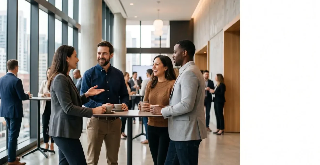 Environnement professionnel dynamique lors d'un événement client B2B avec interactions humaines authentiques