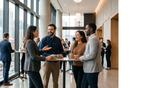 Environnement professionnel dynamique lors d'un événement client B2B avec interactions humaines authentiques