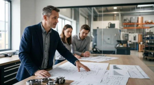 Expert technique collaborant avec une équipe sur un projet industriel complexe