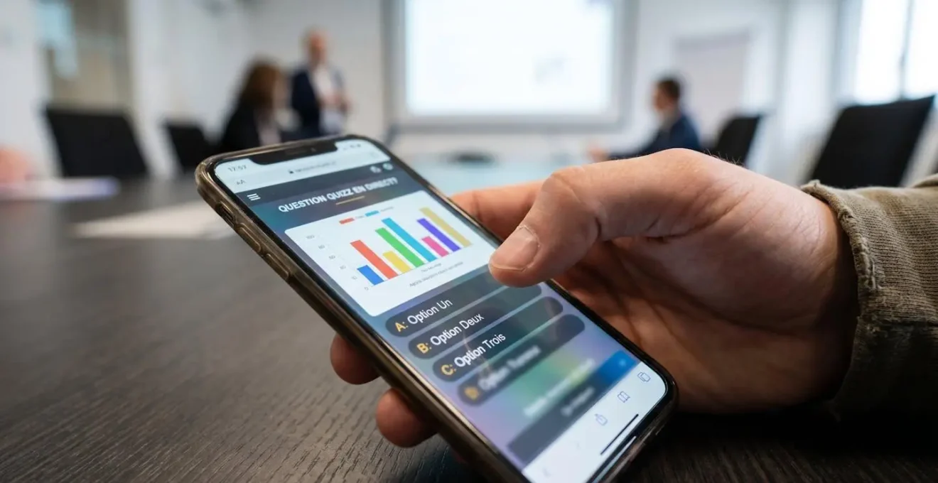 Gros plan d'un smartphone affichant une interface de quiz interactif lors d'un séminaire, doigt d'un participant prêt à répondre