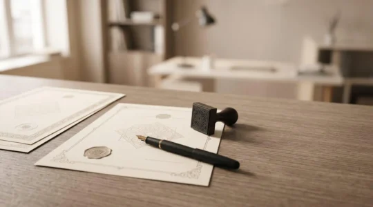 Professionnel examinant des documents juridiques d'entreprise dans un environnement de bureau moderne
