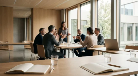 Environnement de formation professionnelle moderne avec espace d'apprentissage collaboratif et mise en pratique