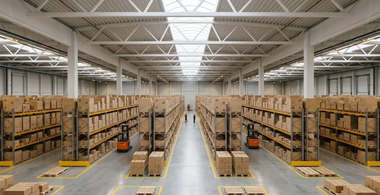 Vue d'ensemble d'un entrepôt logistique moderne avec flux de marchandises organisés
