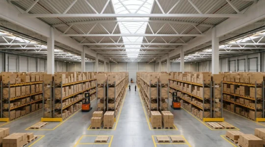 Vue d'ensemble d'un entrepôt logistique moderne avec flux de marchandises organisés