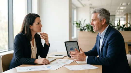 Collaboration stratégique entre dirigeant d'entreprise et expert-comptable autour d'un tableau de bord financier