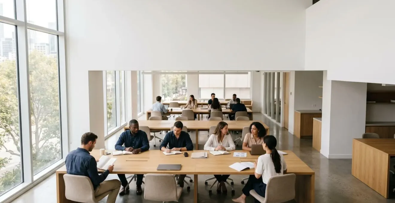 Espace de travail collaboratif moderne dans une pépinière d'entreprise avec bureaux ouverts et entrepreneurs au travail