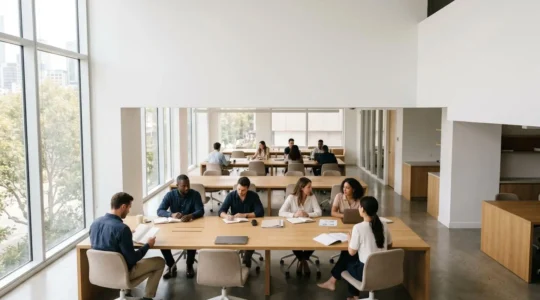 Espace de travail collaboratif moderne dans une pépinière d'entreprise avec bureaux ouverts et entrepreneurs au travail