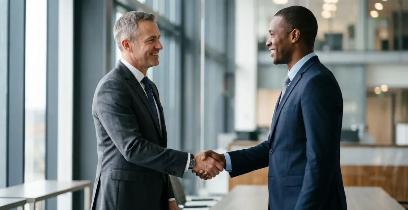 Deux professionnels scellant un partenariat commercial dans un environnement d'affaires contemporain