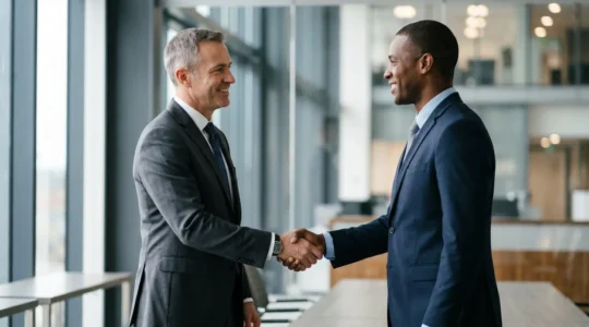 Deux professionnels scellant un partenariat commercial dans un environnement d'affaires contemporain