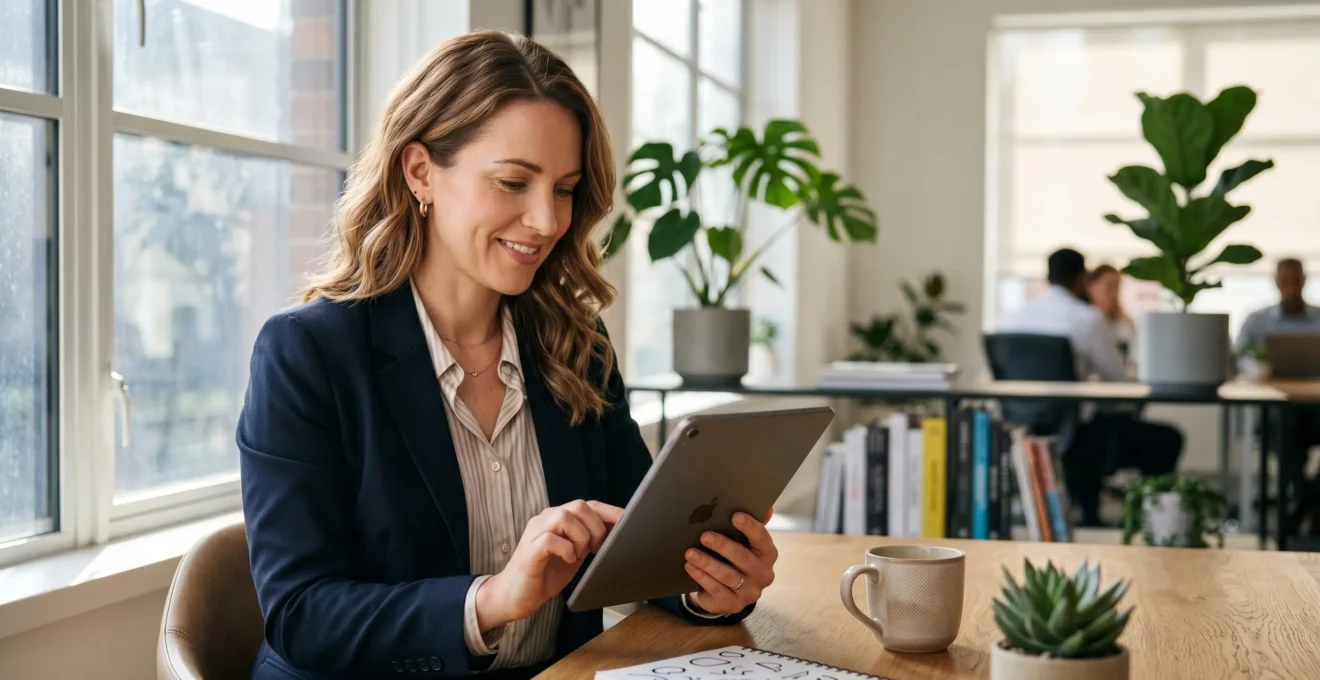 Professionnel consultant son profil LinkedIn optimisé sur tablette dans un environnement de travail moderne
