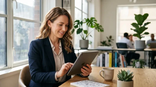 Professionnel consultant son profil LinkedIn optimisé sur tablette dans un environnement de travail moderne