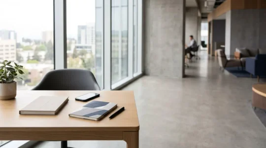 Professionnel consultant son agenda de rendez-vous commerciaux dans un environnement de bureau moderne