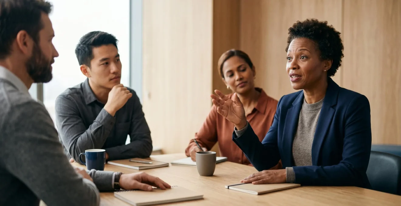 Groupe de professionnels engagés dans une discussion collaborative autour d'une table