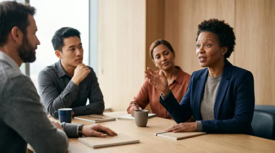 Groupe de professionnels engagés dans une discussion collaborative autour d'une table