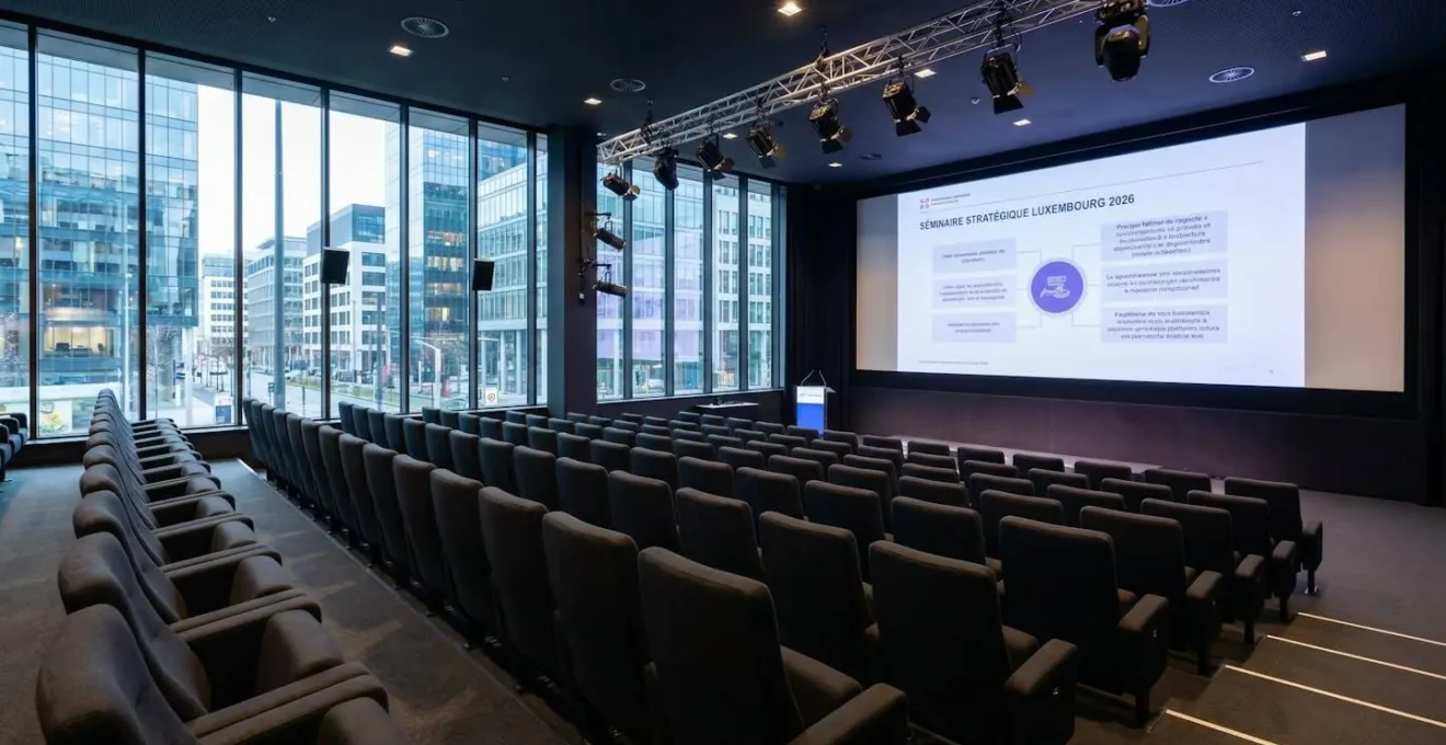 Salle de cinéma privée aménagée pour séminaire d'entreprise avec gradins confortables face à un écran géant