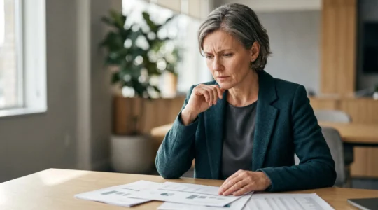 Dirigeant d'entreprise analysant des documents financiers dans un bureau moderne avec une lumière naturelle créant une atmosphère de concentration