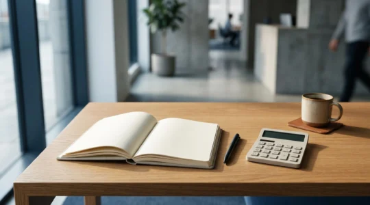 Espace de travail avec carnet de notes et indicateurs financiers pour le pilotage de trésorerie