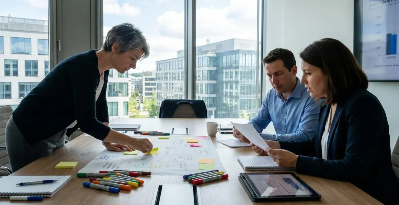 Trois professionnels collaborent autour d'une table parsemée de post-it colorés lors d'un atelier de séminaire interactif à Luxembourg
